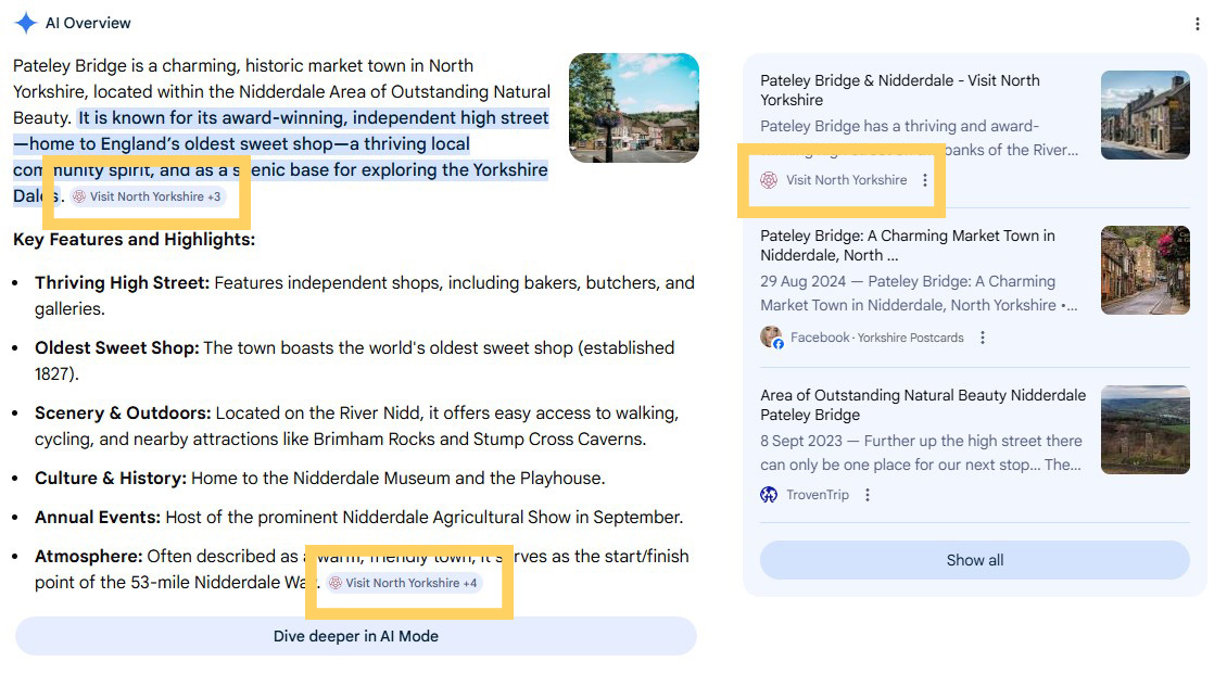 A screen grab of Google search results for the Pateley Bridge, highlighting the three different places Visit North Yorkshire was referenced as a source