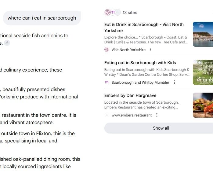 A screenshot of Googles AI mode answering a question about food and drink in Scarborough, with Visit North Yorkshire as the first referenced source