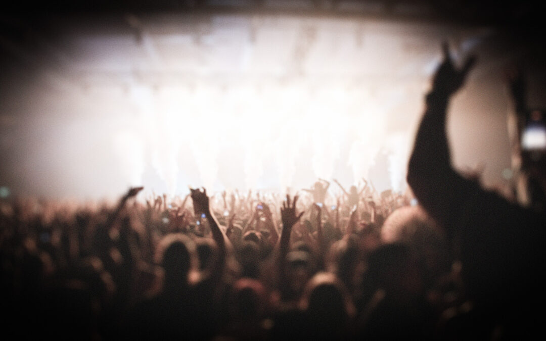 A crowd of people with their hands up at an event