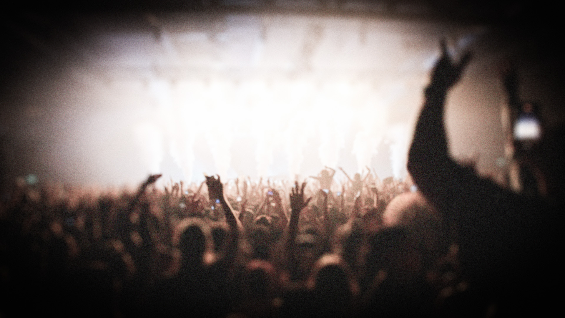 A crowd of people with their hands up at an event